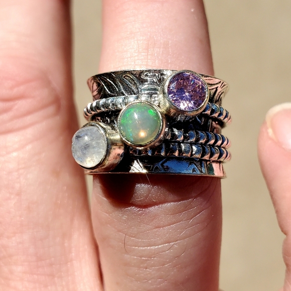 New Ethiopian Opal Multi Gemstone 925 Silver Spinner Meditation Ring. - Picture 2 of 13